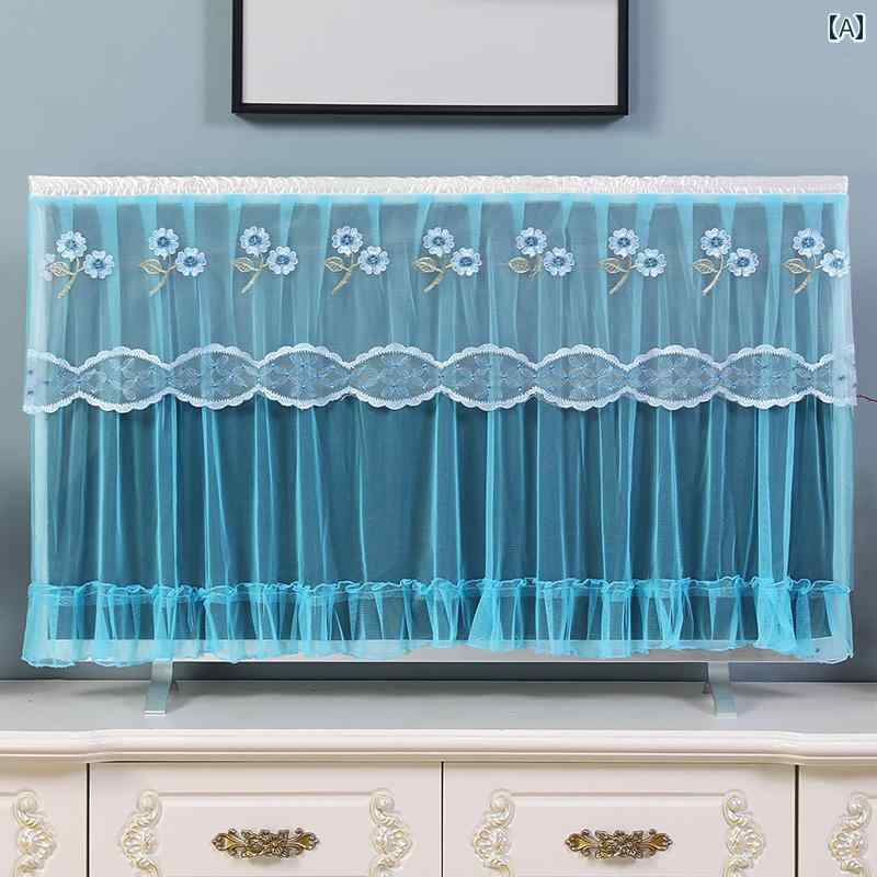 テレビカバー 布 液晶 保護 防塵 ほこりよけ インテリア クロス ダストカバー レース 刺繍 ブルー パー..