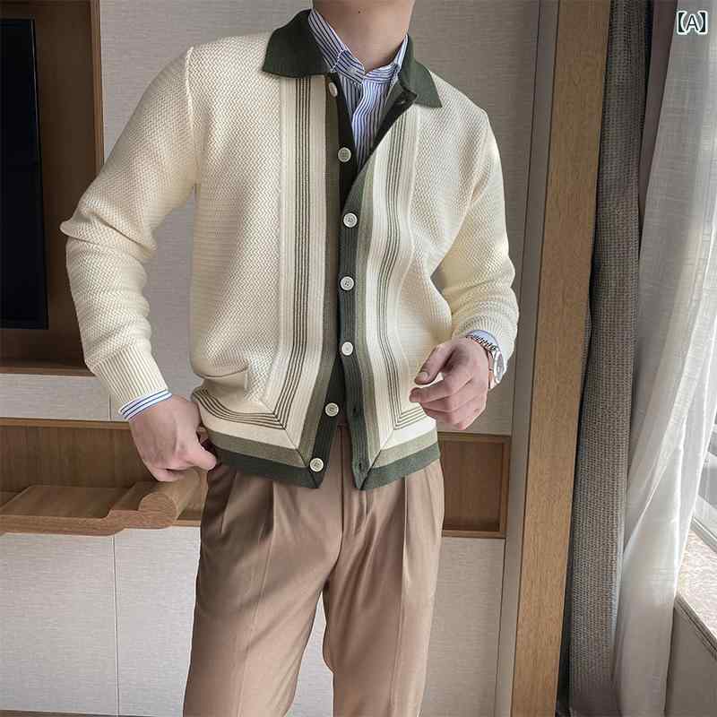 カーディガン メンズ ニット カジュアル おしゃれ 秋冬 大きめサイズ セーター レトロ ジャカード スリム ジャケット ベージュ