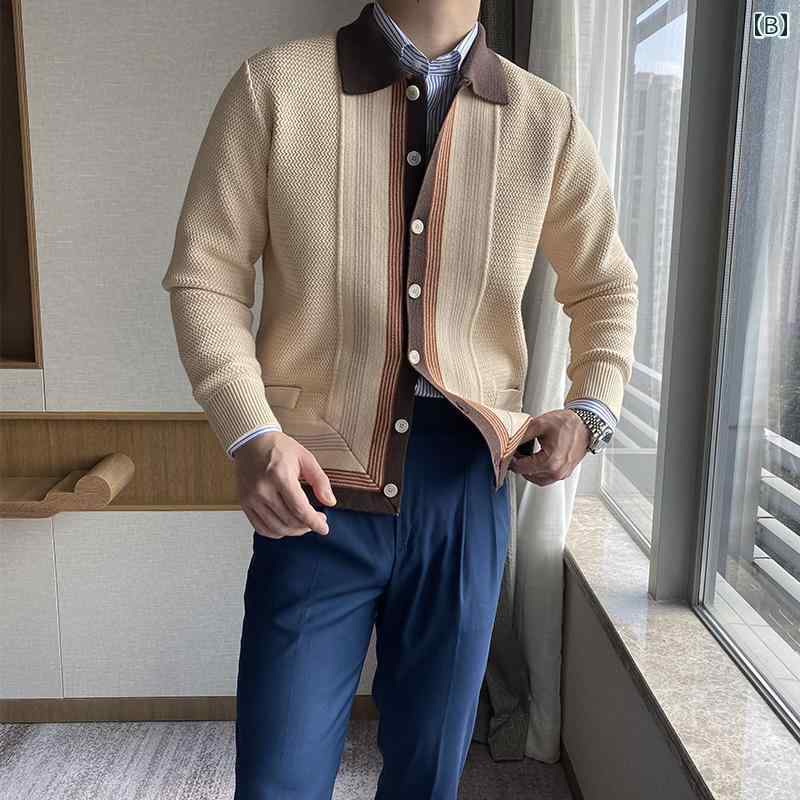 カーディガン メンズ ニット カジュアル おしゃれ 秋冬 大きめサイズ セーター レトロ ジャカード スリム ジャケット ベージュ