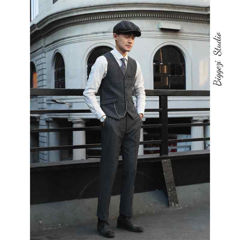 ベスト メンズ スーツ ジレ チョッキ 紳士 ウール ヘリンボーン おしゃれ レトロ イギリス カジュアル スリム ビジネス グレー
