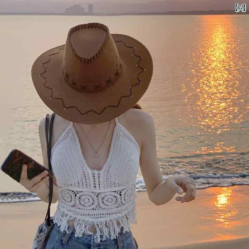 カウボーイハット ウエスタン テンガロンハット レディース 春夏 つば広 日焼け防止 帽子 ブラック ブ..