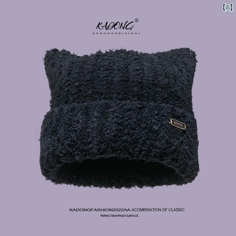 ニット帽 猫耳 帽子 韓国 かわいい 柔らかい 防寒 レディース ファッション キャップ ブラック ピンク ホワイト(4)