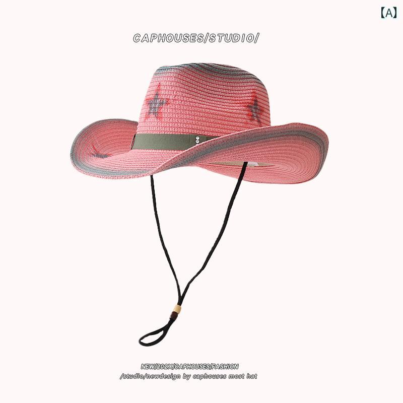 カウボーイハット ウエスタン テンガロンハット レディース 麦わら 帽子 日よけ 春夏 ピンク レッド
