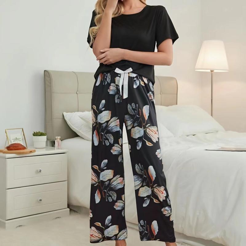 ルームウェア レディース パジャマ 半袖 ロングパンツ 上下セット ゆったり リラックス 快適 ブラック 黒 クルーネック プリント柄 再生繊維 ポリエステル 通気性 ワンマイルウェア おうち時間