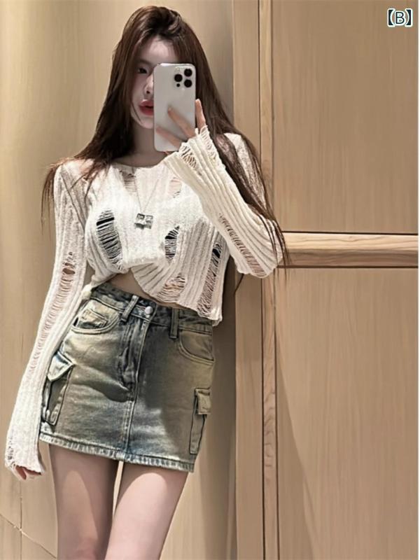 レディース トップス セクシー カジュアル おしゃれ アメリカ 韓国 夏新 リッピング 魅惑 セーター ショート スリムフィット