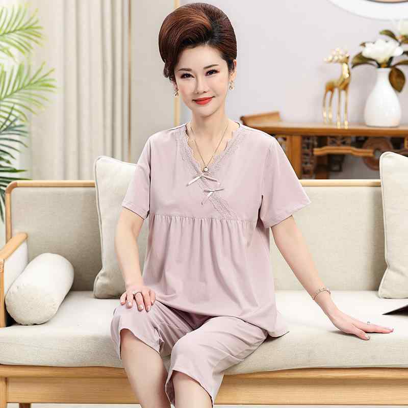 パジャマ レディース ミセス モダール 接触冷感 ゆったり 大きいサイズ 半袖 七分丈パンツ プルオーバー 上下セット ルームウェア 部屋着 薄手 Vネック ストレッチ 快適 夏物