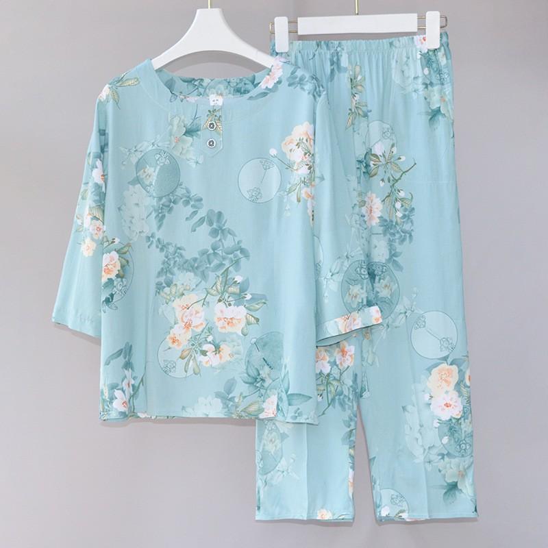 パジャマ レディース ミセス ママ 夏 薄手 綿混 レーヨン混 ゆったり リラックス 丸首 七分袖 七分丈パ..