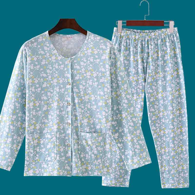 ルームウェア レディース 夏用 純綿 長袖 前開き パジャマ 上下セット 大きいサイズ ゆったり 中高年 ..