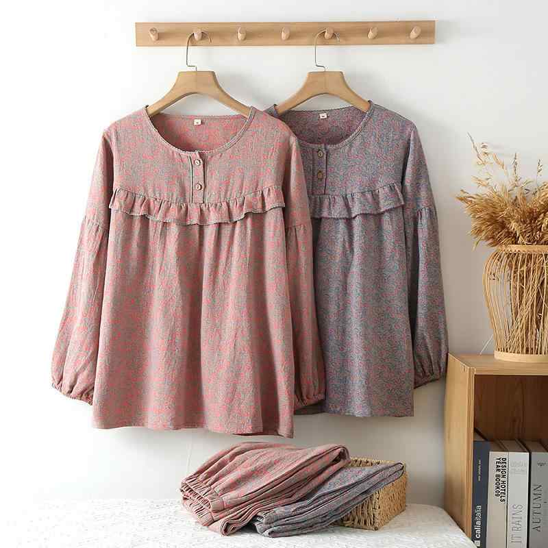 パジャマ レディース 女性用 ママ 春夏秋 綿 コットン ダブルガーゼ 薄手 薄地 長袖 ロングパンツ クル..