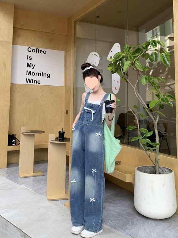 デニム サロペット レディース 低身長向け リボン ゆったり ワイド ハイウエスト ストレート ロングパンツ レトロ ヴィンテージ風加工 ブルー 春夏 カジュアル