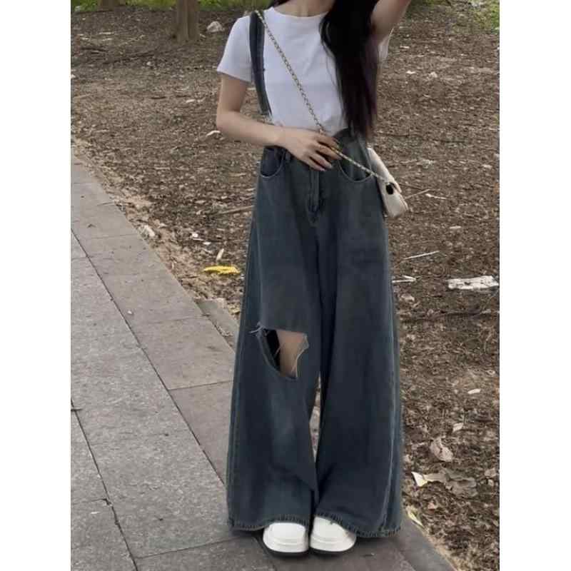 デニムパンツ レディース ハイウエスト ダメージ加工 綿素材 ゆったり ワイド スタイルアップ カジュアル サロペット 韓国ファッション 春夏