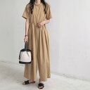 オールインワン レディース 韓国風 ゆったり ロング丈 ラウンドネック 半袖 ウエスト ドローストリング プリーツ ワイドパンツ カジュアル 綿 コットン ハイウエスト 薄手 カーキ 黒 春夏