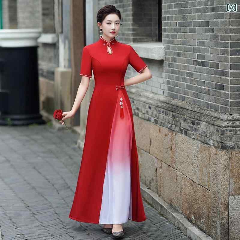 アオザイ 衣装 ドレス 半袖 チャイナ風 レディース 民族衣装 ベトナム ステージ パフォーマンス 服 ロング ステージ