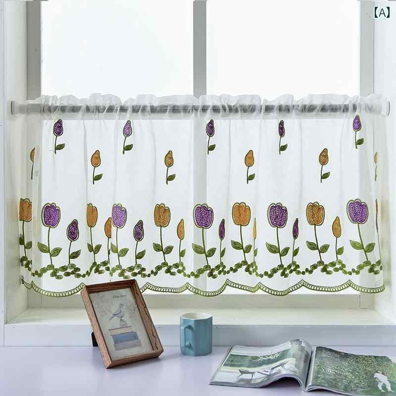 カフェ カーテン おしゃれ 目隠し モダン シンプル アメリカン 田園 糸 刺繍 バルコニー ガーゼ 寝室 ハーフ コーヒー キッチン ショート パンチング