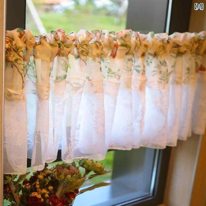 カフェ カーテン おしゃれ 目隠し モダン シンプル アメリカン 花柄 ショート キッチン レース ガーゼ ..