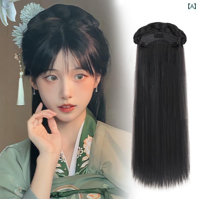 ウィッグ かつら レトロ コスプレ 舞台 演者 小道具 漢服 フル ヘッド ギア バッグ オールインワン ヘッド バンド 衣装 お団子 頭飾り レディース