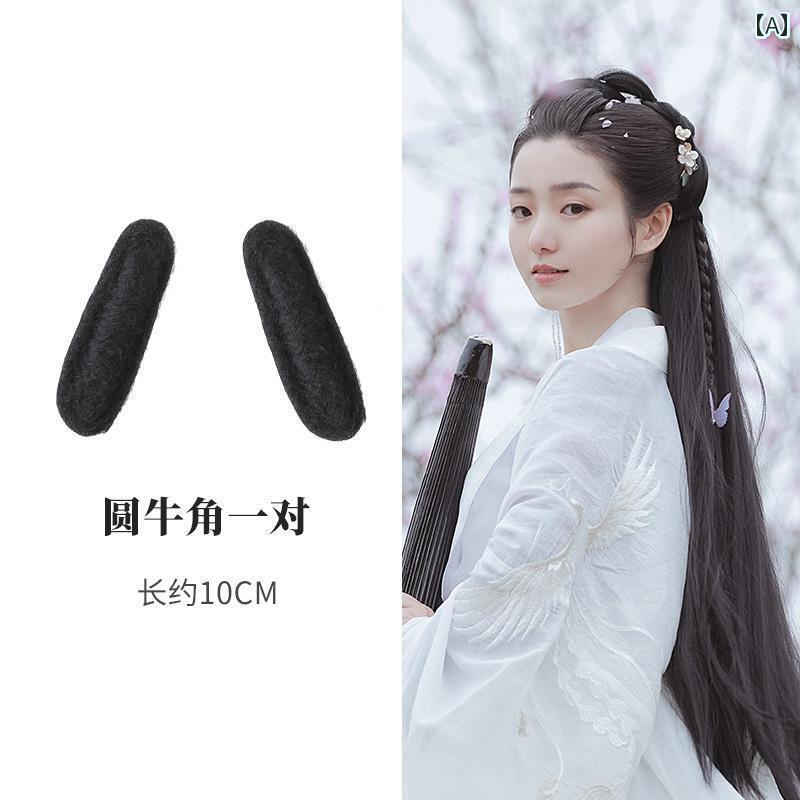 ウィッグ かつら レトロ コスプレ 舞台 演者 小道具 漢服 バッグ 衣装 唐 風 レディース ヘア パッド 角お団子 ツイスト ヘア バッグ フル ヘッド セ...