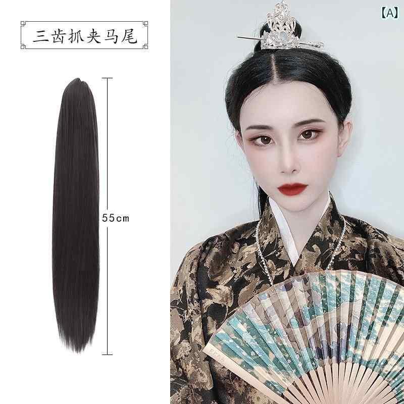ウィッグ かつら レトロ コスプレ 舞台 演者 小道具 漢服 ポニーテール レディース 虎 口 グリッパー ..
