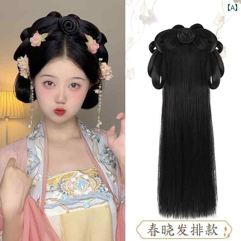 ウィッグ かつら レトロ コスプレ 舞台 演者 小道具 漢服 オールインワン ヘッド バンド フル ヘッド ..