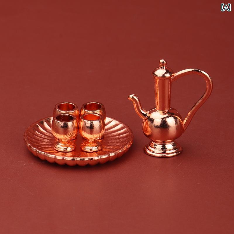 ミニチュア おもちゃ 飾り 装飾 インテリア 子供部屋 カフェ ワイン 紅茶 コーヒー カップ セット ローズゴールド シルバーミニ シミュレーション メタル ドール ハウス シーン