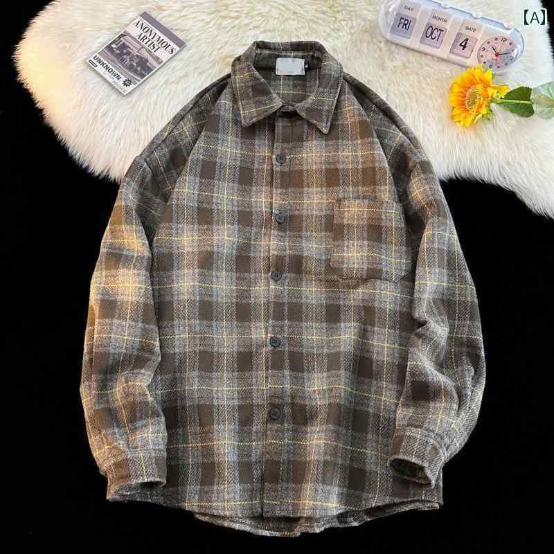メンズ トップスス シャツ アウター インナー おしゃれ レトロ ウール シック トレンド チェック カップル カジュアル 厚手 ジャケット