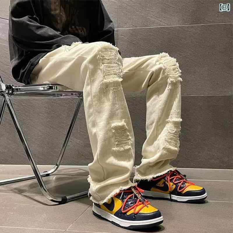 メンズ ズボン ボトムス パンツ おしゃれ ロー エッジ ダメージ ジーンズ 春 アメリカン ストリート 大きめサイズ レトロ ストレート ワイドレッグ