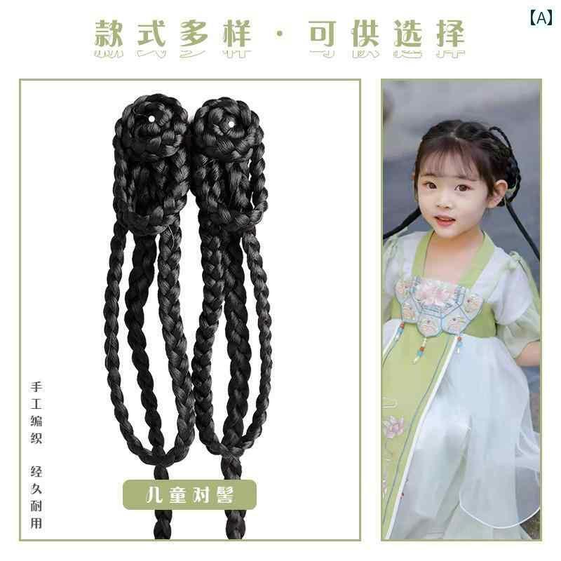 ウィッグ かつら レトロ コスプレ 舞台 パフォーマンス 演者 小道具 子供 衣装 漢服 三つ編み 宋代 三つ編み ヘア バッグ リボン 頭飾り スタイリング ...