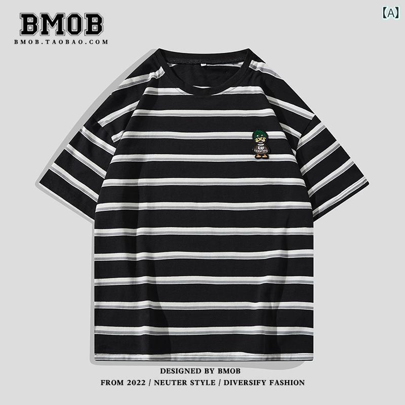 メンズ トップス Tシャツ 春夏 おしゃれ 刺繍 ストライプ 半袖 綿 トレンド カジュアル 五分袖 ボトム シャツ