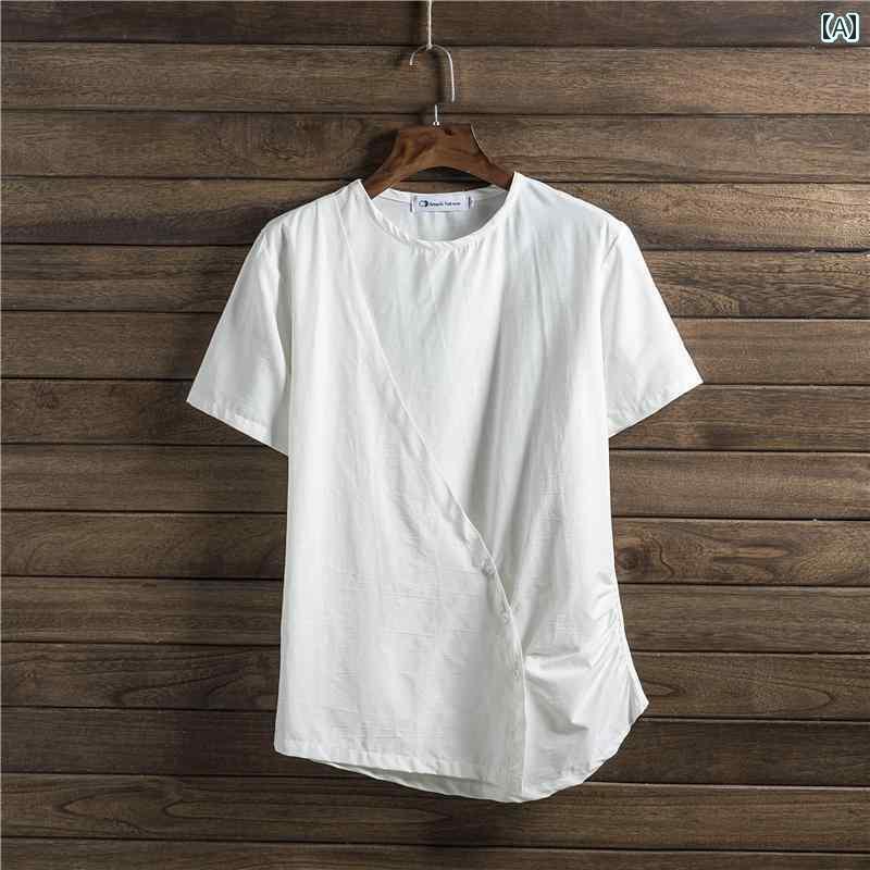 メンズ トップスス 半袖 夏 おしゃれ 服 個性 韓国 白 フェイク セットアップ プリーツ スリム Tシャツ