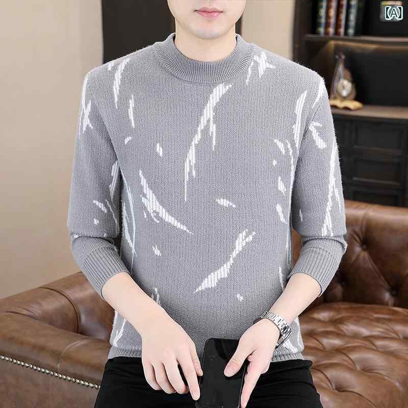 メンズ トップス ニット 秋冬 暖かい おしゃれ ラウンドネック プルオーバー セーター 花柄 カラー ブロッキング 長袖