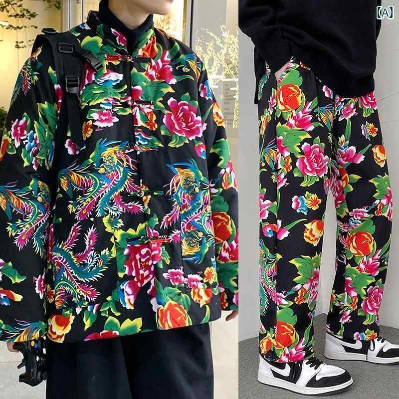 メンズ アウター 暖かい おしゃれ エスニック 牡丹大 花柄 大きいサイズ セットアップ チャイナ風 デス..