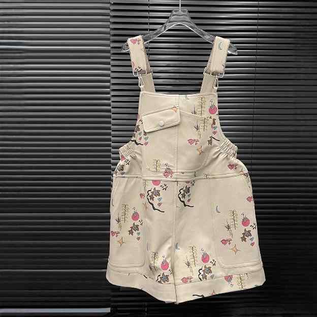 ショート丈サロペット レディース 春夏 手描きプリント アート柄 ゆったりシルエット ノースリーブ Uネ..