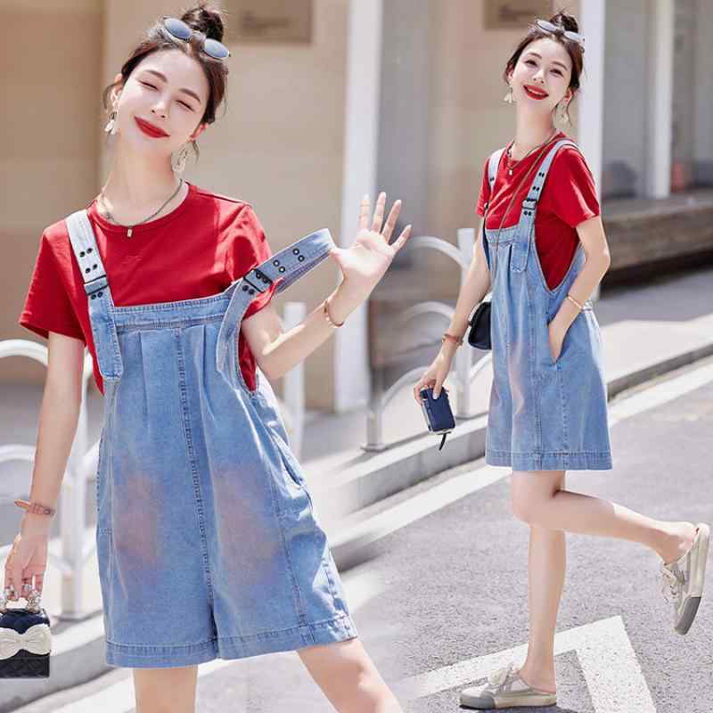 セットアップ レディース 夏 ツーピース デニム サロペット オーバーオール ショートパンツ 小柄向け ゆったり ポリエステル 半袖 無地 カジュアル ストリート リラックス 着回し