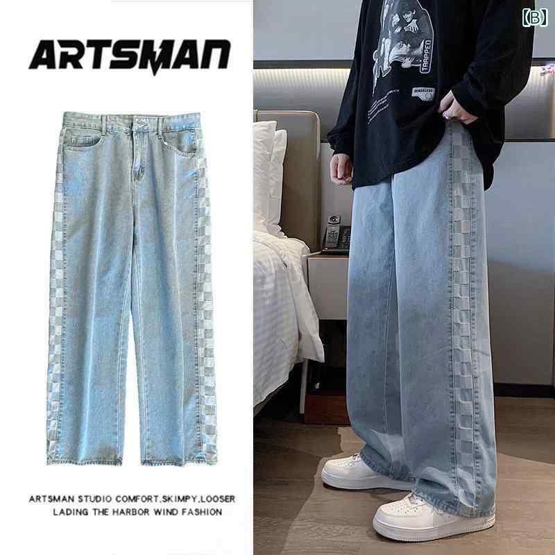 メンズ デニム パンty おしゃれ 個 ゆったり 大きいサイズ ストレート チェック プリント ジーンズ
