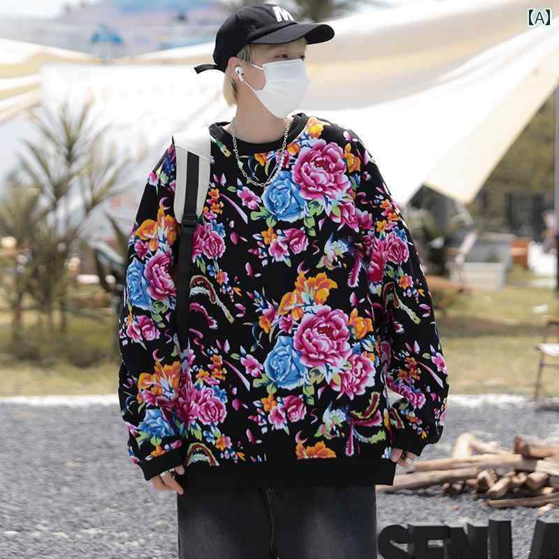 メンズ トップス アウター おしゃれ 秋冬 赤 ラウンドネック スウェットシャツ ジャケット プリント クール アンテーク 社交