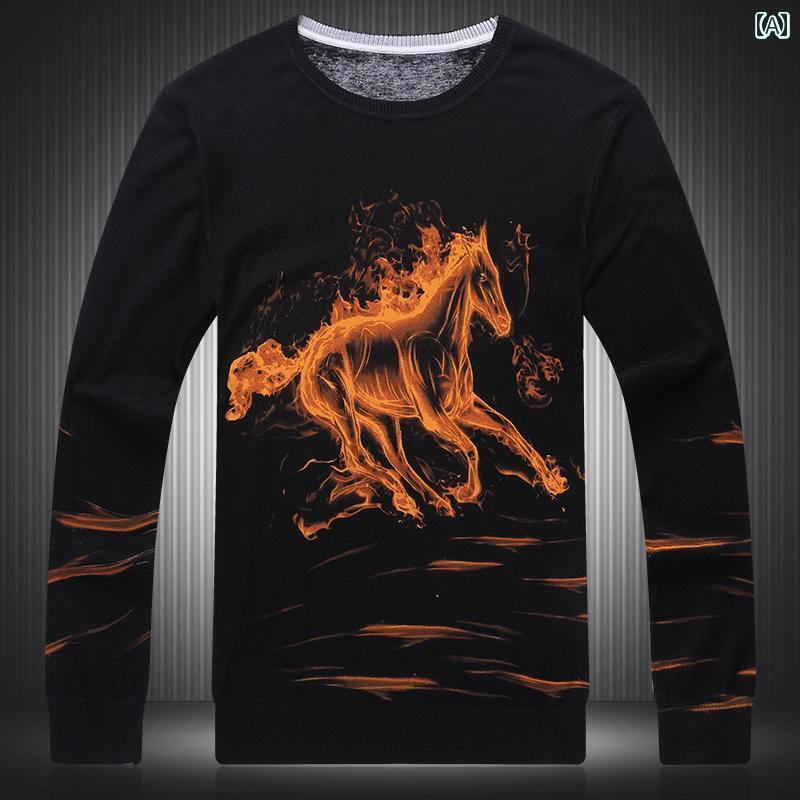 メンズ トップスス おしゃれ オフ サイズ 秋 薄手 涼しい ファンシー セーター 炎 馬 柄 プリント セーター