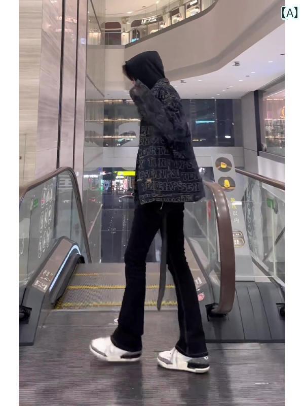 メンズ デニム パンty おしゃれ 背 高い ロング ストリート ブラック ジーンズ 起毛 秋冬 スリム ストレート レッグ ブーツ カット