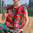 メンズ トップスス Tシャツ おしゃれ 花柄 ベスト トレンド エスニック ノースリーブ 半袖 チョッキ スポーツ ジャージカップル 着 夏