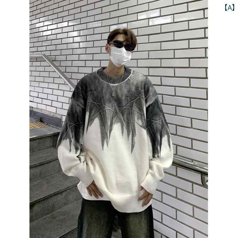 メンズ トップスス おしゃれ カップル 暖かい セーター 中国 トレンド ラウンドネック スター カラー ..