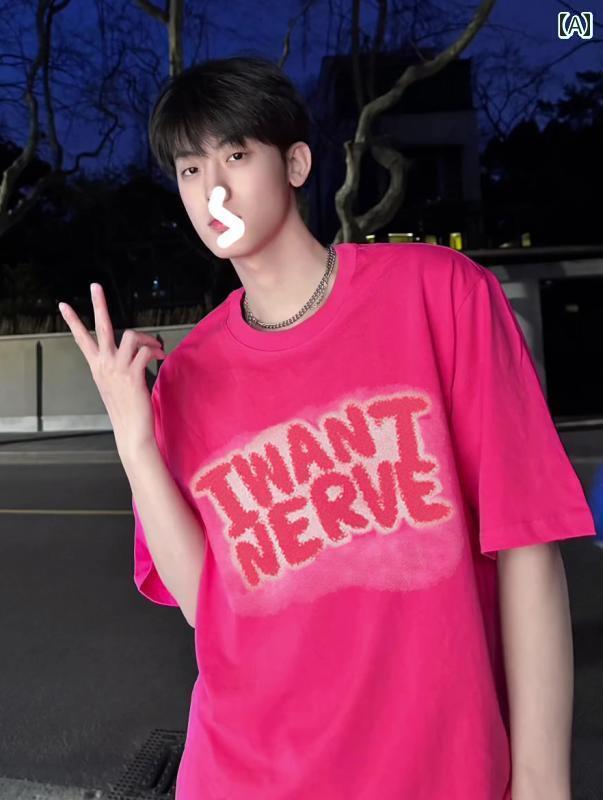 乐天商城 - メンズ トップスス Tシャツ おしゃれ ストリート ピンク 夏 テンエイジャー 綿 半袖 アメリカン ストリート 半袖