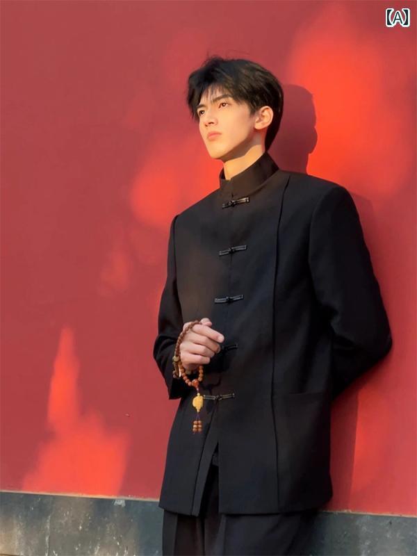 メンズ トップスス アウター おしゃれ チャイナ風 黒 スタンドカラー ボタン スーツ ジャケット 婚約 チュニック スーツ