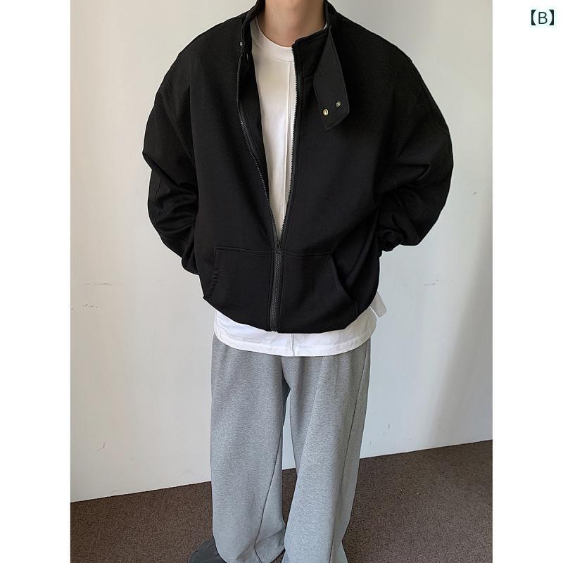 メンズ トップスス アウター おしゃれ グレー ジッパー カーディガン トレーナー 春秋 ショルダー パッド ショート コート アメリカン レトロ スタンドカラー ジャケット
