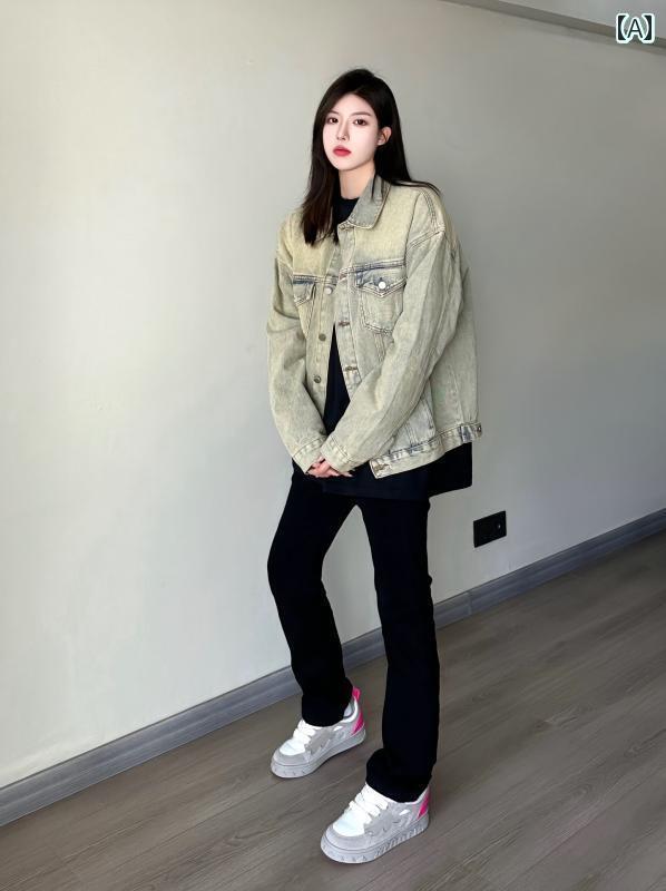 レディース アウター トップスス おしゃれ アメリカン レトロ イエロー マッド デニムジャケット メンズ 秋 ヴンテージ風風風 ショルダーパッド入り ジャケット デニムジャケット