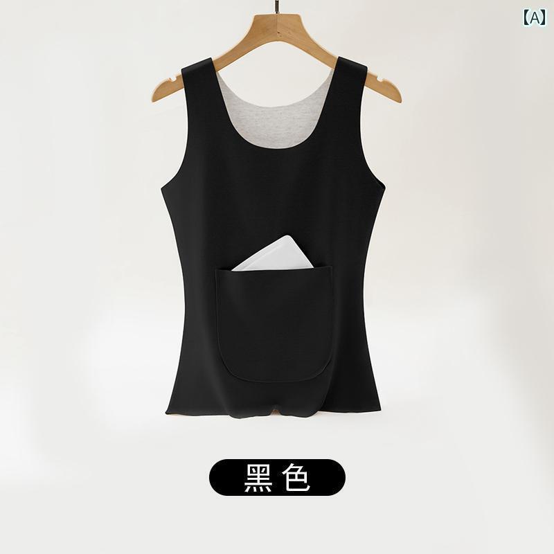 下着 レディース 秋冬 起毛 大きめサイズ ベスト ポケット ダブル ポケット お腹保護 お腹 温めま ラウンドネック サーマル ベスト