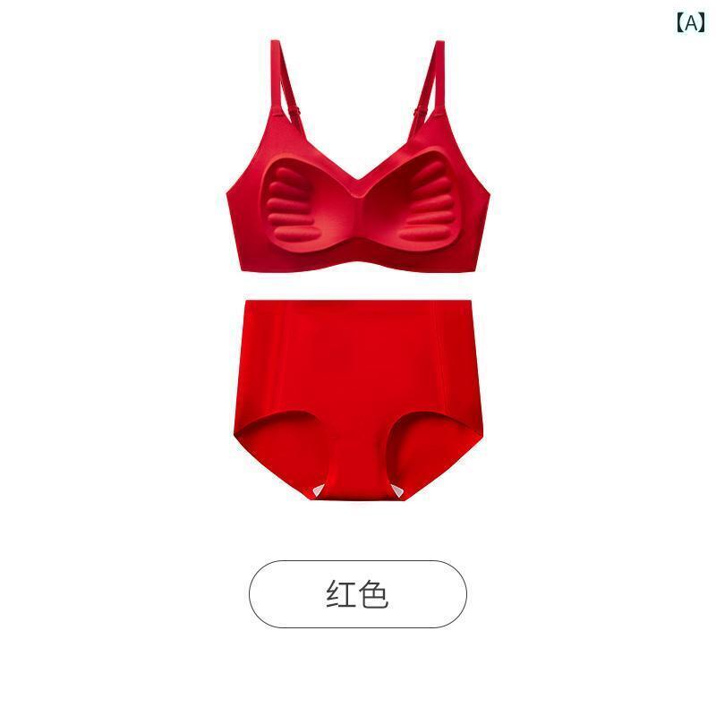 胸が 小さめ レディース 赤 下着 シームレス スチール リング し 胸 収める ブラジャー ウェデング ブライダルセット