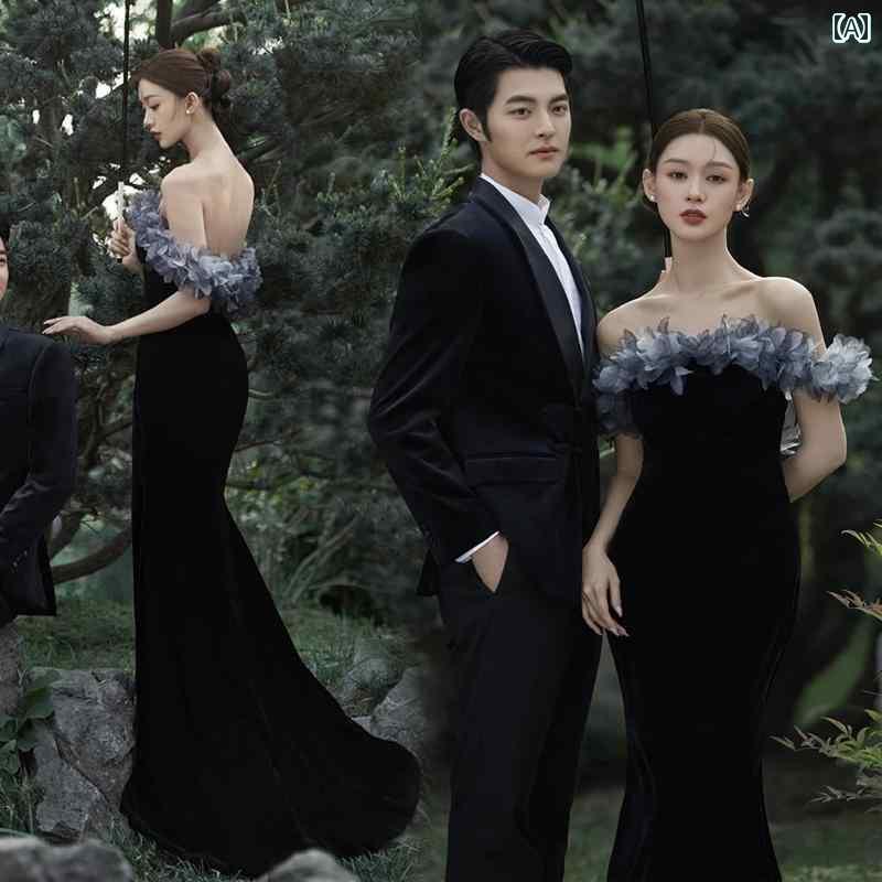 撮影 ドレス 写真 フォト 記念 コスプレ アート 思い出 ブラック イブニング ギフト フッシュテール チューブ トップス 背中 開き ヘプバーン 森林