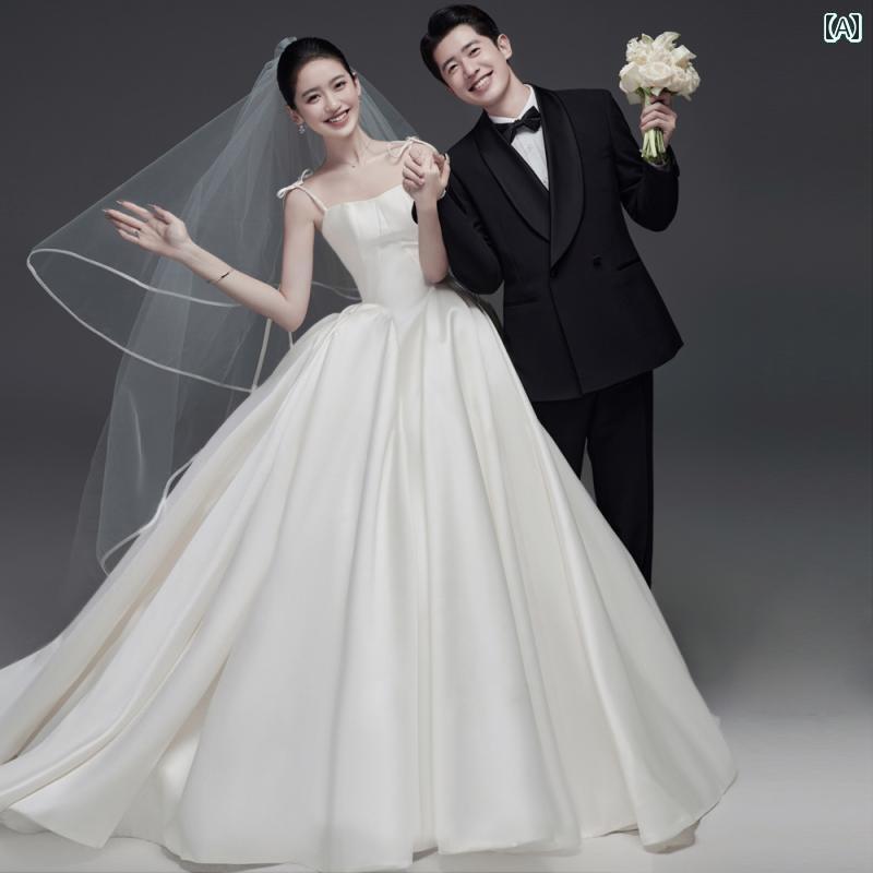 撮影 ドレス 写真 フォト 記念 コスプレ アート 思い出 服 サテン パール ストラップ チューブ トップス ウェデング カップル 屋内 シンプル テール...