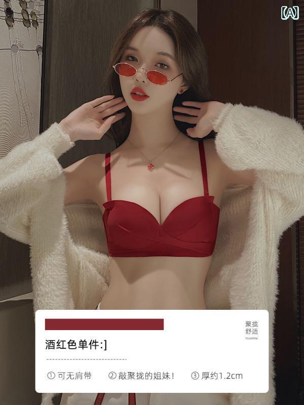 レディース 下着 インナー 小さめ 胸 赤 ランジェリーセット シームレス プッシュアップ 横 乳 ストラップレス 滑りにくい ブラジャー 結婚式 花嫁 誕生年