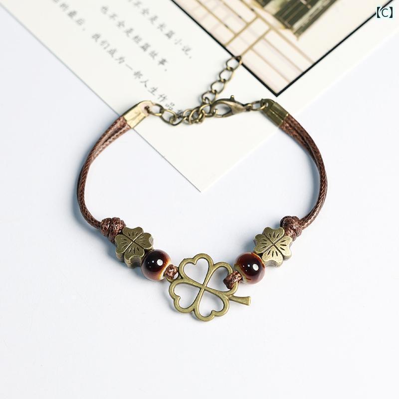 幸運 クローバー 四つ葉 クローバー 幸運 ブレスレット 編み込み ブレスレット 男の子 女の子 女の子 女の子 カップル セラミック ブレスレット 学生 親友