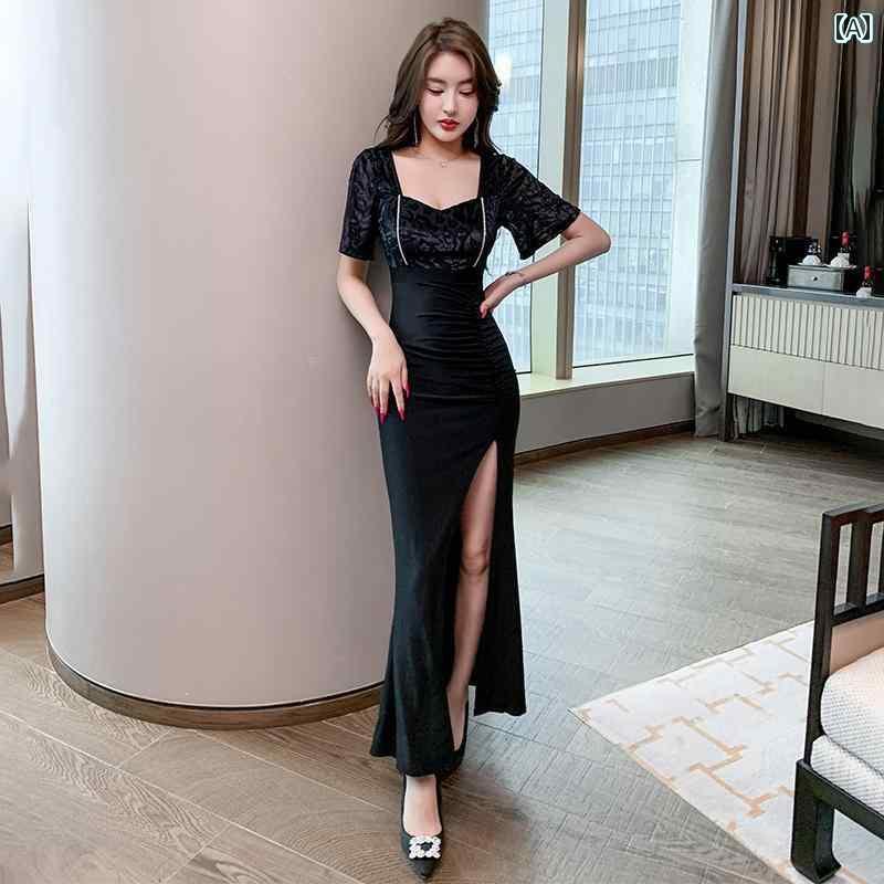 ロング ドレス レディース セクシー 華やか パーティー イベント ユニフォーム 魅惑 秋冬 ハイウエスト スリット スリム ローカット